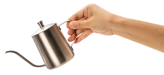 Hand holding Silver Mini Coffee Hand Drip Kettle,Hand pot coffee pot Hand brewed coffee set isolate...