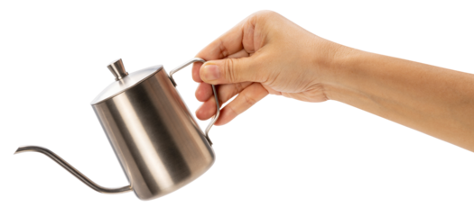 Hand holding Silver Mini Coffee Hand Drip Kettle,Hand pot coffee pot Hand brewed coffee set isolate on white background PNG File.