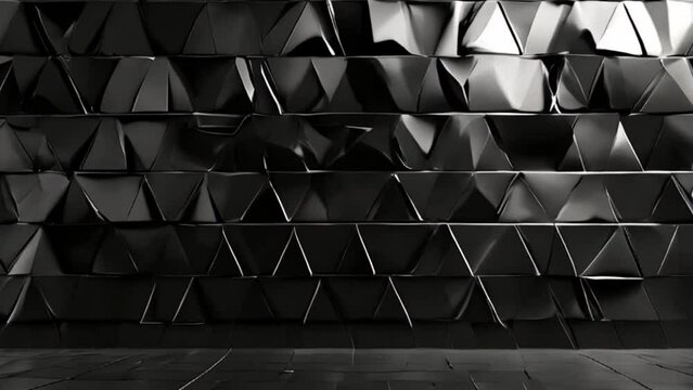 Polished, Semigloss Wall background with tiles. Triangular, tile Wallpaper with 3D, Black blocks background