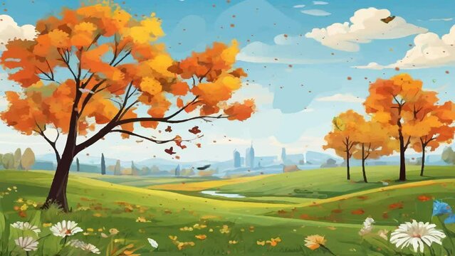 Seamless looping animation of beautiful garden with trees and flowers, grass and autumn leaves. spring background with 4k resolution