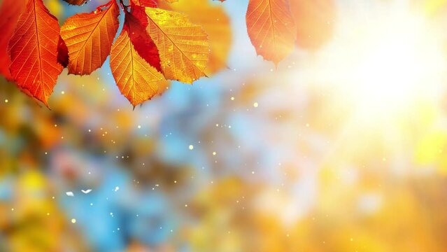 autumn leaves on the sunlight with blurred bokeh background and blue sky. seamless looping overlay 4k virtual video animation background 