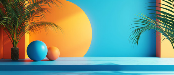 Fototapeta na wymiar A vibrant attalea speciosa palm stands tall beside a majorelle blue surface, as a round orange sphere adds a pop of color to the tranquil scene. Podium for Produkt presentation.