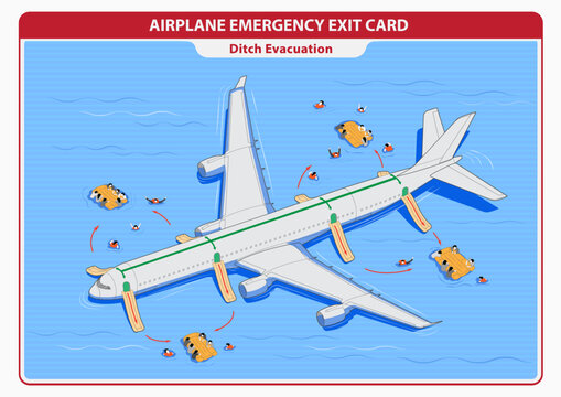 Emergency evacuation on water - ditch evacuation. Safety instructions card. Guide to emergency exit from aircraft. Plane emergency exit map for passenger vector Illustration.