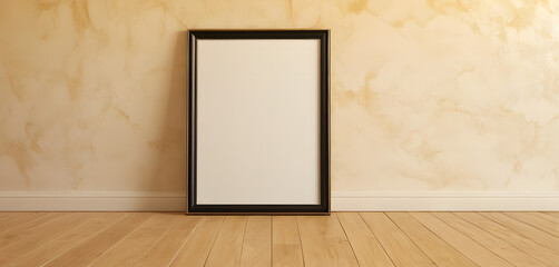 blank vertical black poster frame standing on light wooden floor against white wall, empty picture frame mockup, blank photo frame mock up
