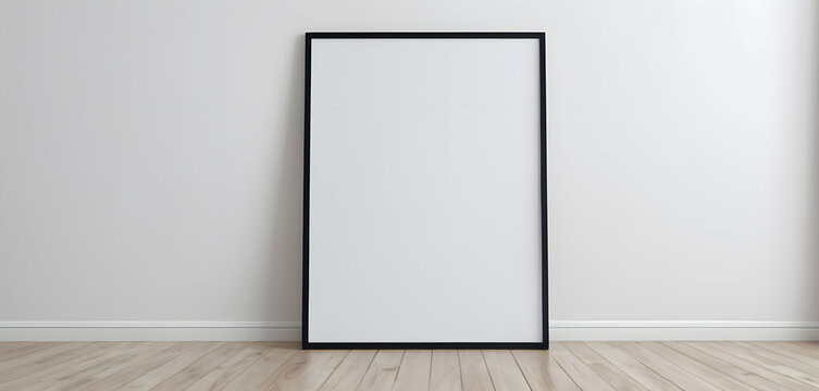 empty white room with blank canvas poster mockup on the white wall