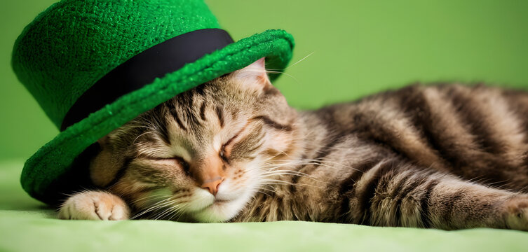 cat sleping with green hat on green background studio