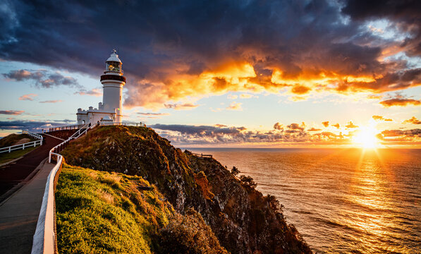The view of the Cape Byron Lighthouse in the sunrise in autumn time in Byron Bay