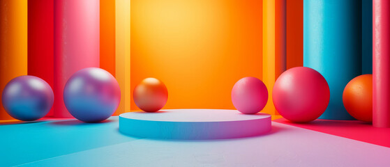 A vibrant display of spherical bliss adorns the round podium against the indoor wall, beckoning playfulness and joy