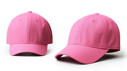 Front view and side view of a pink baseball cap on white background, Pink baseball cap isolated on white background, Unisex pink baseball cap mockup, Pink cap, Pink baseball cap, Easy to cut out