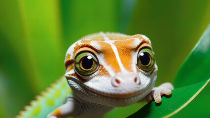 a close up of a little gecko on a leaf - obrazy, fototapety, plakaty