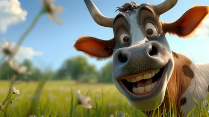 Fototapeten Healthy cow with a big smile in a field. © Wildan