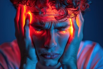 Brain diseases problem cause chronic severe headache migraine. Male adult look tired and stressed