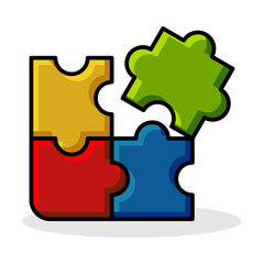 illustration of a puzzle icon, colors red, yellow, green, blue. simple vector isolated on white background. design for poster, app, web, social media.