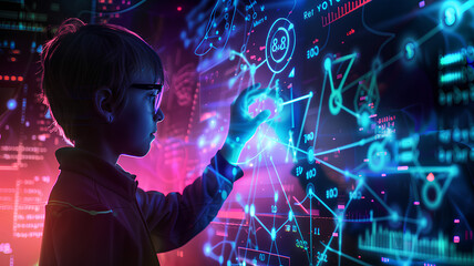 Silhouetted young children engaging with advanced digital interface full of graphs and data, symbolizing early education and technology interaction.
