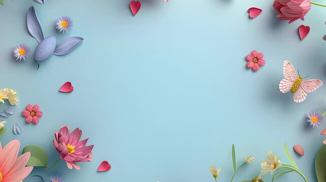 Happy spring season. Plain background with colorful spring flowers frame