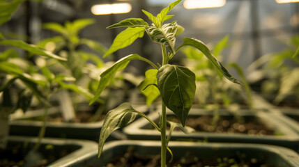 A closeup of a young pepper plant in a greenhouse its leaves unfurling and reaching towards the light.