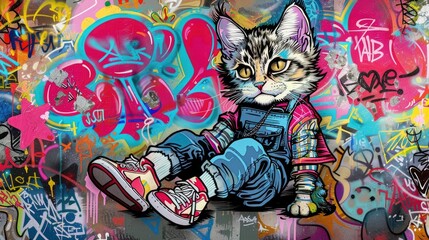 pop art of Displaying rebellious graffiti punkish of kawaii cat