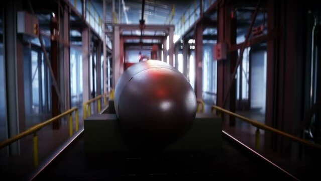 Atomic, nuclear bomb factory, production line. War concept, realistic 4k animation.
