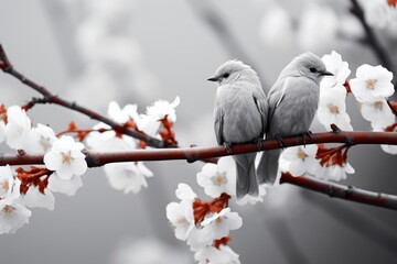 Fototapeta premium Two gray spring birds on a flowering branch.