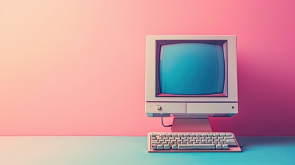 Retro computer with a blue screen on a pink background.