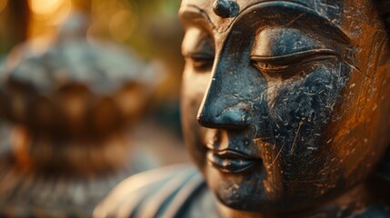 Buddha Statue's Peaceful Face: Sculpture of serenity in ancient Thai temple