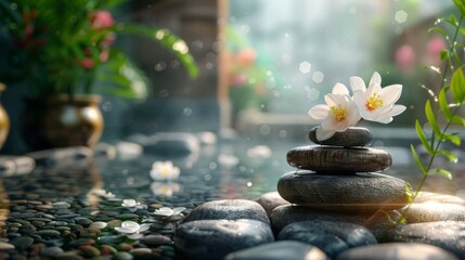 Tranquil Spa Scene: Orchid, Zen Stones, and Flowers Amidst Nature's Balance