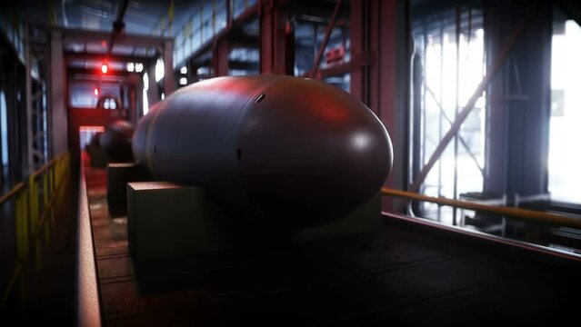 Atomic, nuclear bomb factory, production line. War concept, realistic 4k animation.