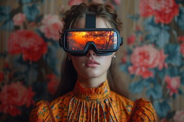 VR-headset. Medieval little girl lady on dark studio background. Concept of comparison of eras - 742177636