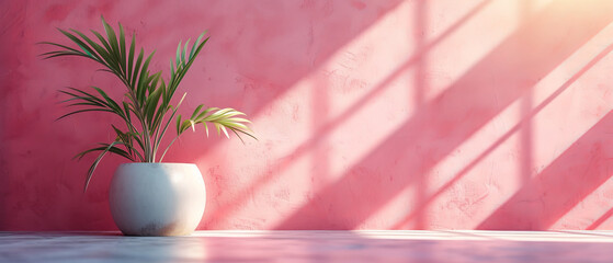 Plant in White Vase on Pink Wall. Podium for Produkt presentation. Background for product mockup. Minimal abstract pink rosa background.	