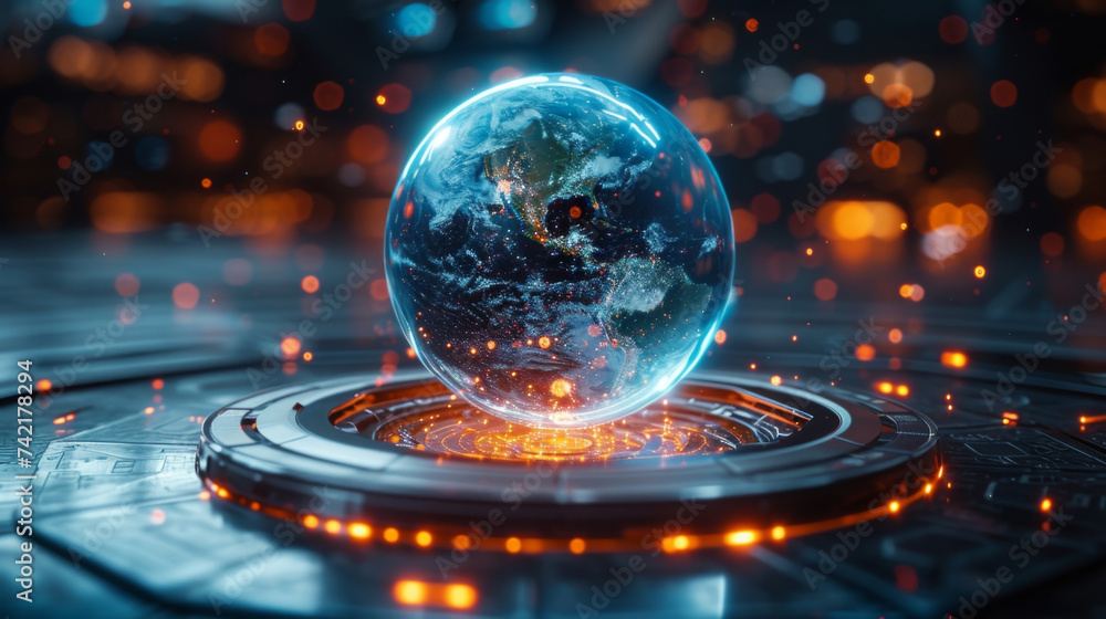 Poster a futuristic domeshaped structure with a holographic globe at its center symbolizes global taxation 