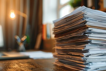 Neat stack of business paperwork, organized meticulously on a desk, symbolizing efficiency and attention to detail, in Office Setting, Generative AI