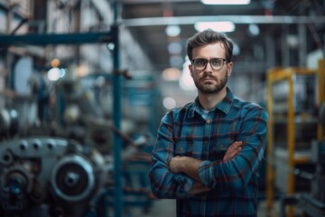 confident male industrial engineer with his arms crossed standing in a factory