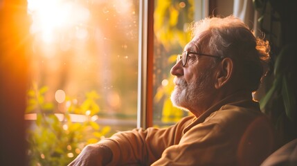 Elderly man looking out the window at sunset. Concept of old age and happiness.