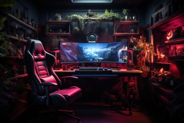 Modern Gaming Room With Large Monitor and Gaming Chair Generative AI - obrazy, fototapety, plakaty