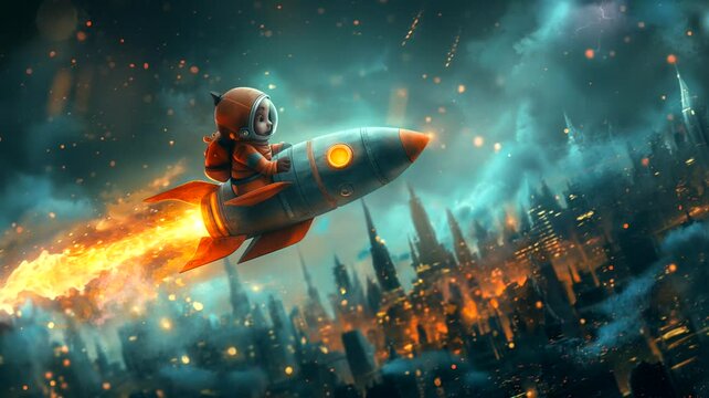 A little boy excited flying the rocket above cityscape. Seamless looping time-lapse 4k video animation background