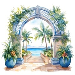 Fototapeta premium A painting featuring a vivid tropical scene with multiple palm trees under a clear sky, depicting a lush and vibrant environment.