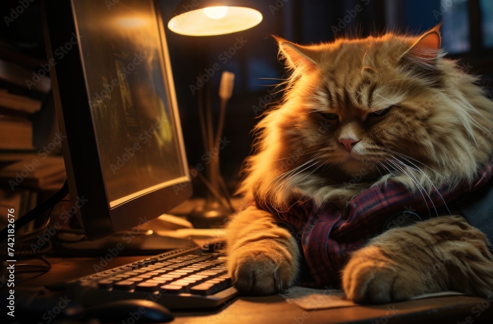 Poster cat sitting on desk next to computer generative ai