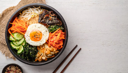 Bibimbap. close up shot of Bibimbap bowl, korean food, healthy food, copy space