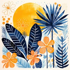 A painting depicting lush tropical plants with a vibrant sun shining in the background, creating a colorful and vibrant scene.