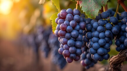 Fototapeta premium A bunch of red grapes between the grape leaves in a vineyard of Güímar, Tenerife, Canary Islands