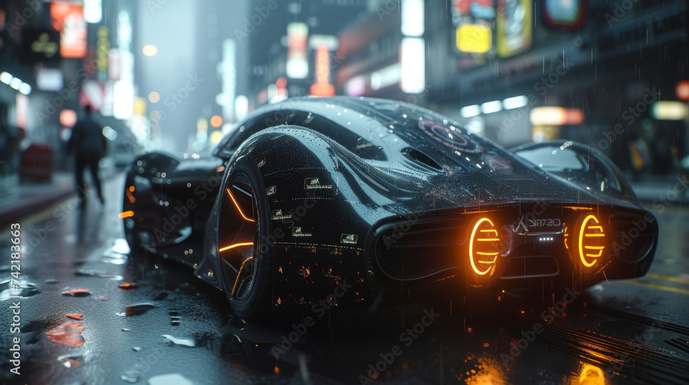 Poster on the surface of a sleek selfdriving car a team of exeive analysts stands side by side their eyes f