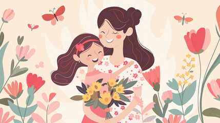 family with flowers, Happy Mother's Day, flowers, celebration, mother and daughter, hugging