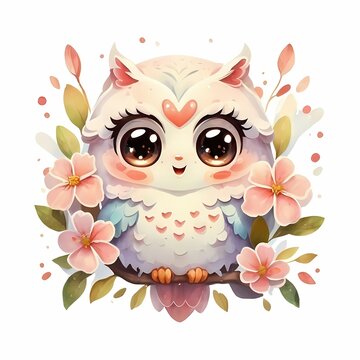 Cute owl illustration, owl with flowers 