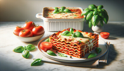 Slice of beef lasagna on a white plate, with the rest of the lasagna in a white ceramic dish beside it.