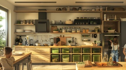 Modern Family Kitchen with Sustainable Storage - obrazy, fototapety, plakaty
