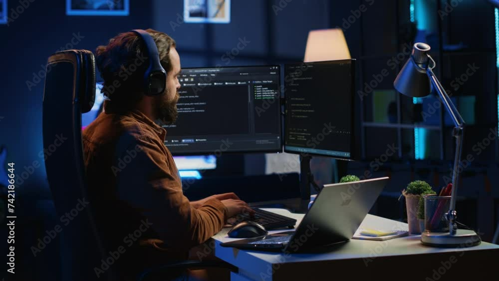 Poster hyperactive software developer suffering from adhd affliction, writing code, drinking coffee, listen