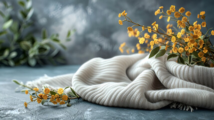 Cozy Knitted Texture with Yellow flower  - Comfort Lifestyle Concept, Soft Wool Fabric, Winter-Autumn Transition, Cool Blue Tones