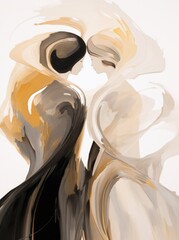 An abstract painting depicting two women kissing each other, showcasing bold colors and expressive brushstrokes in a modern art style.