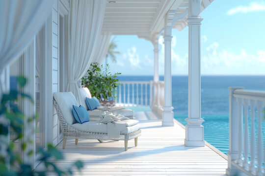 Close-up Of A White Luxury Villa Terrace, With White Wooden Floor, White And Blue Comfortable Chair, And The Large Open Door Overlooking At Borderless Swimming Pool And Beautiful Ocean View...