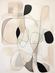 An abstract painting featuring black and white shapes arranged in a dynamic composition, creating contrast and movement within the artwork.